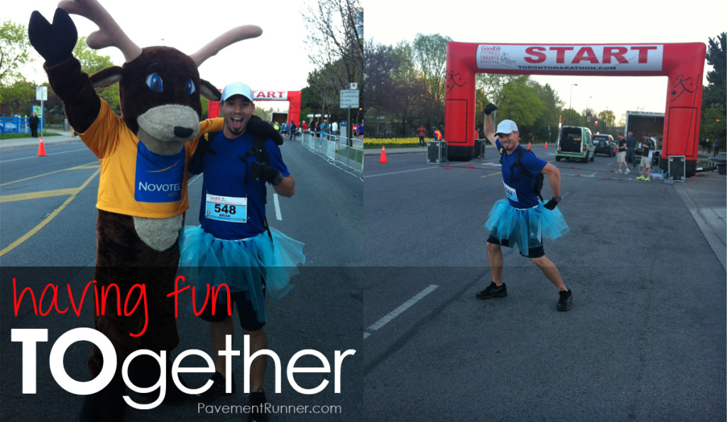 Some fun at the start line! Oh ya, I'm wearing a tutu. In part to keep it fun, in part for Boston, but mostly because Krysten asked nicely... several times.