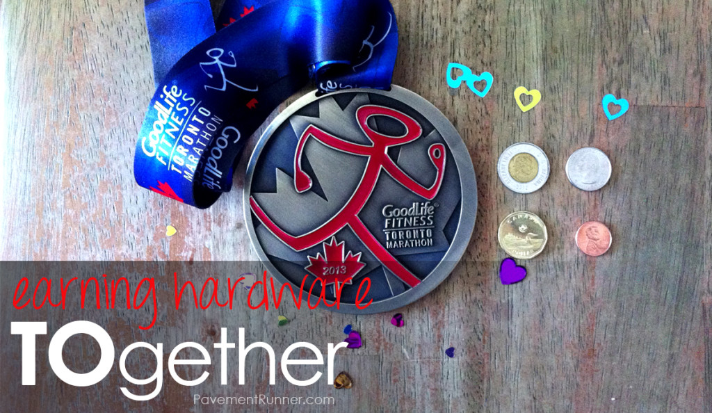 Toronto Marathon (2013) Finisher's Medal. For scale: Canadian and US coins.